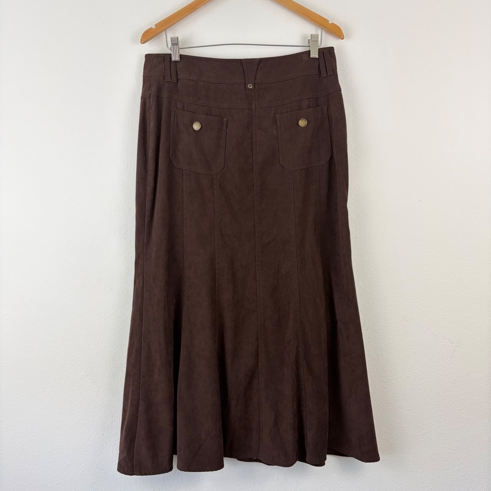 Vintage Boho Chocolate Brown Faux Suede Flare Midi CATO Skirt Womens Size 10 - Picture 2 of 10